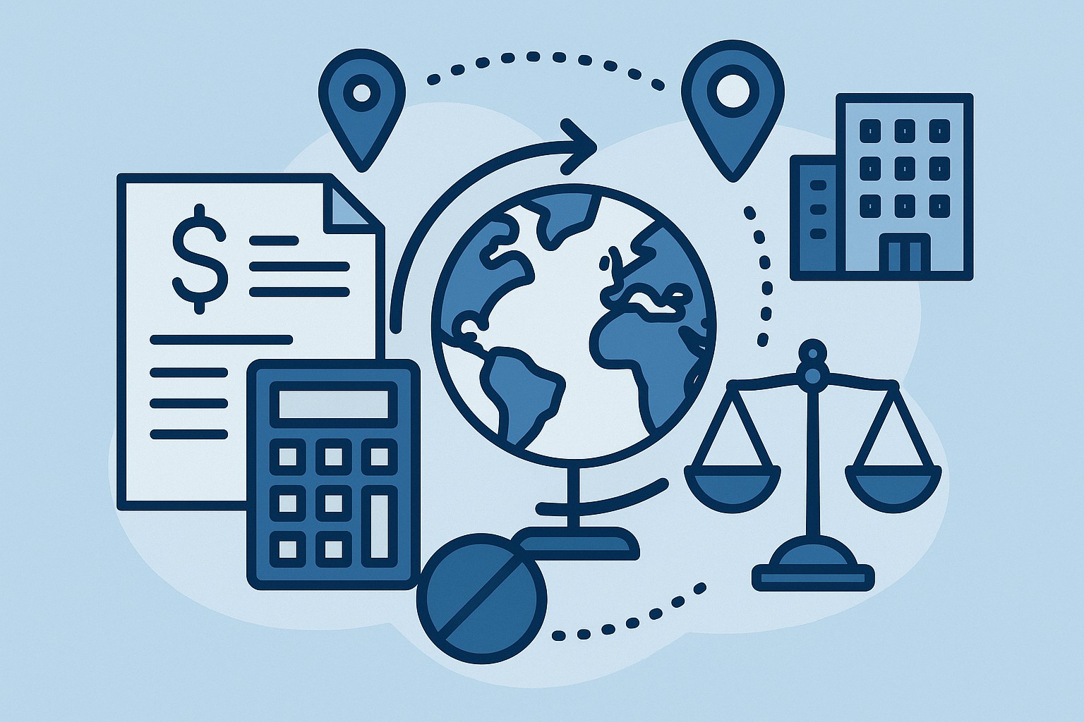 planejamento-tributario-internacional, elementos como globo, calculadora que representam o título