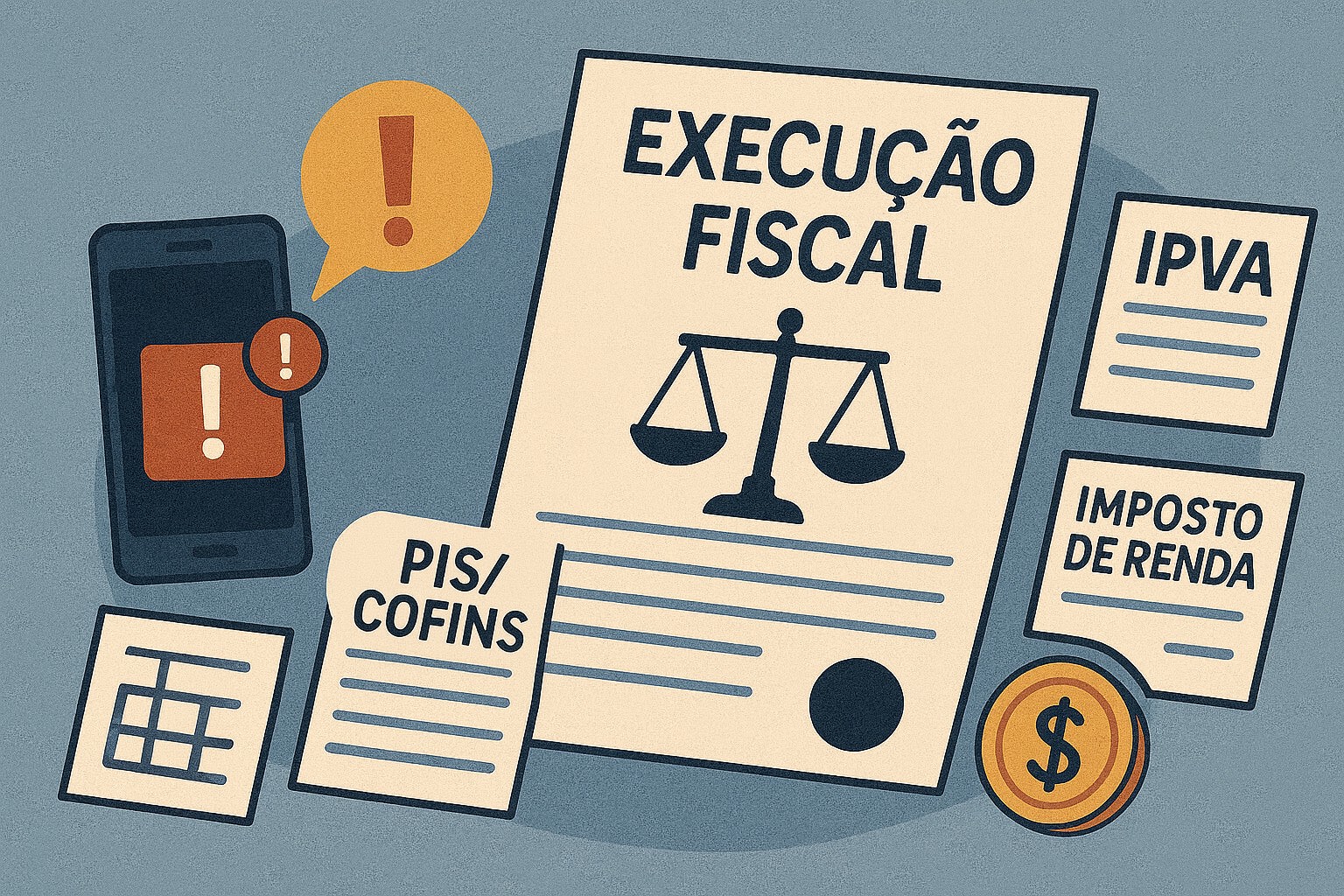 execução fiscal, papéis, moedas, telefone.