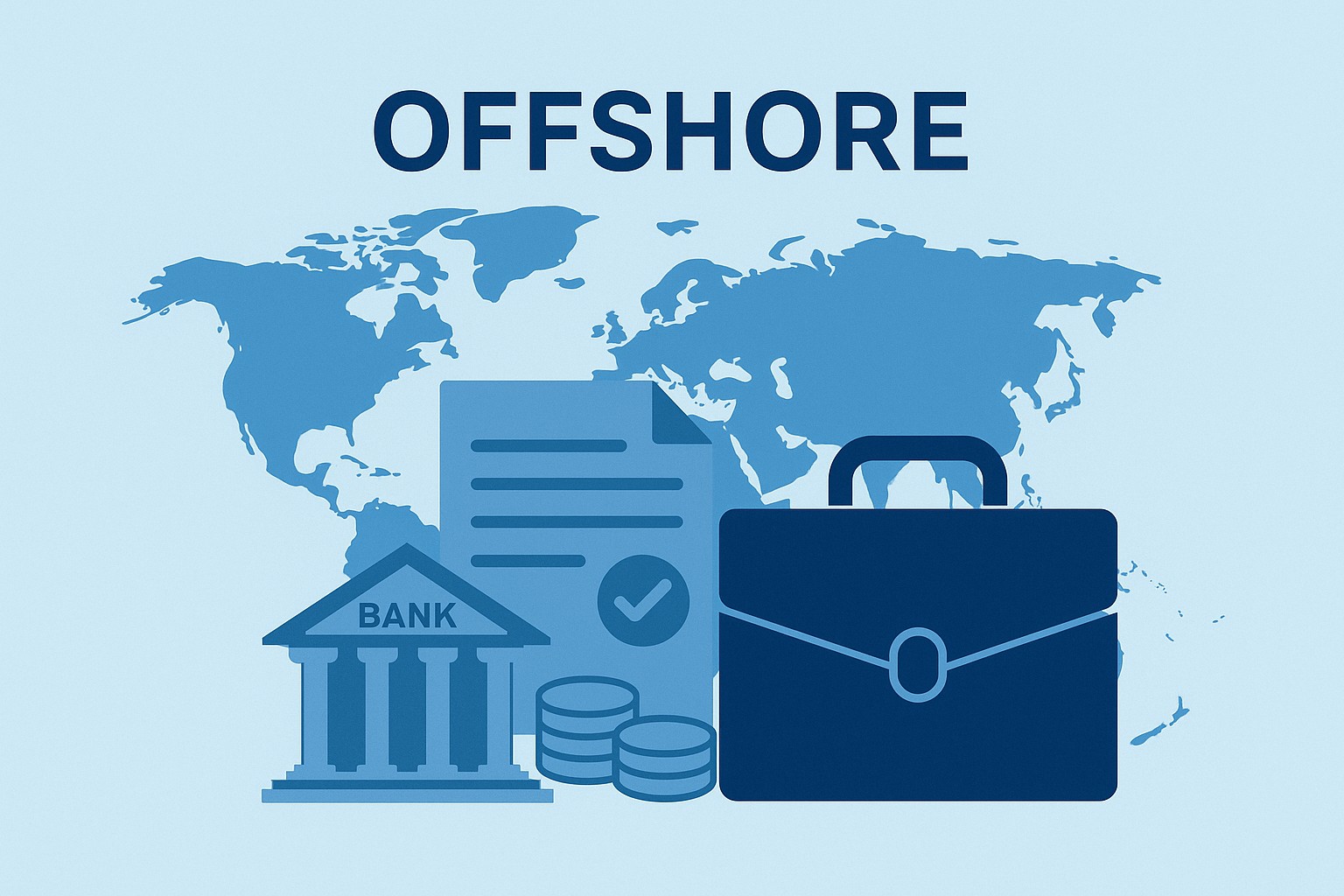 Offhsore, imagem com mapa mundi, moedas e contrato, em relação à offshore