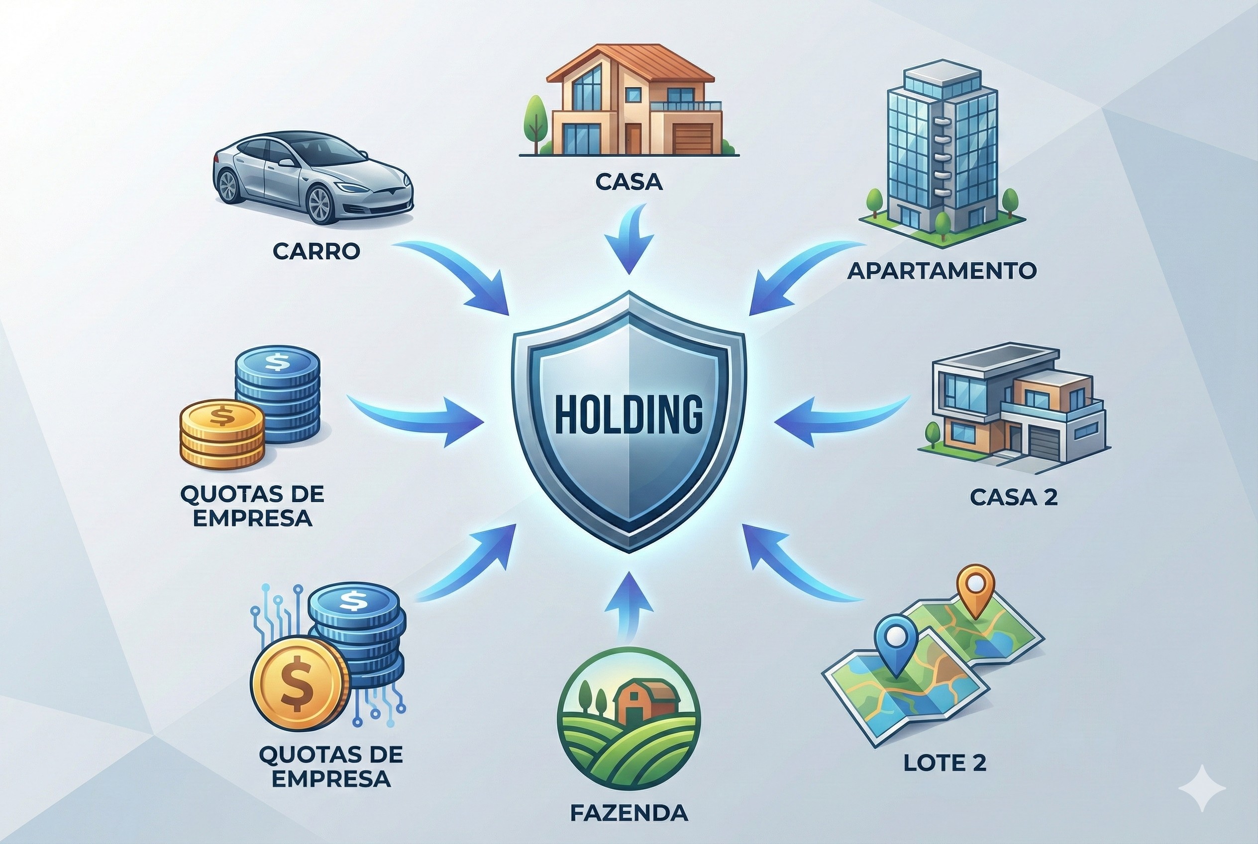 Holding Pura ou Mista, imagens referentes a patrimônio, como casa, carro e propriedades.
